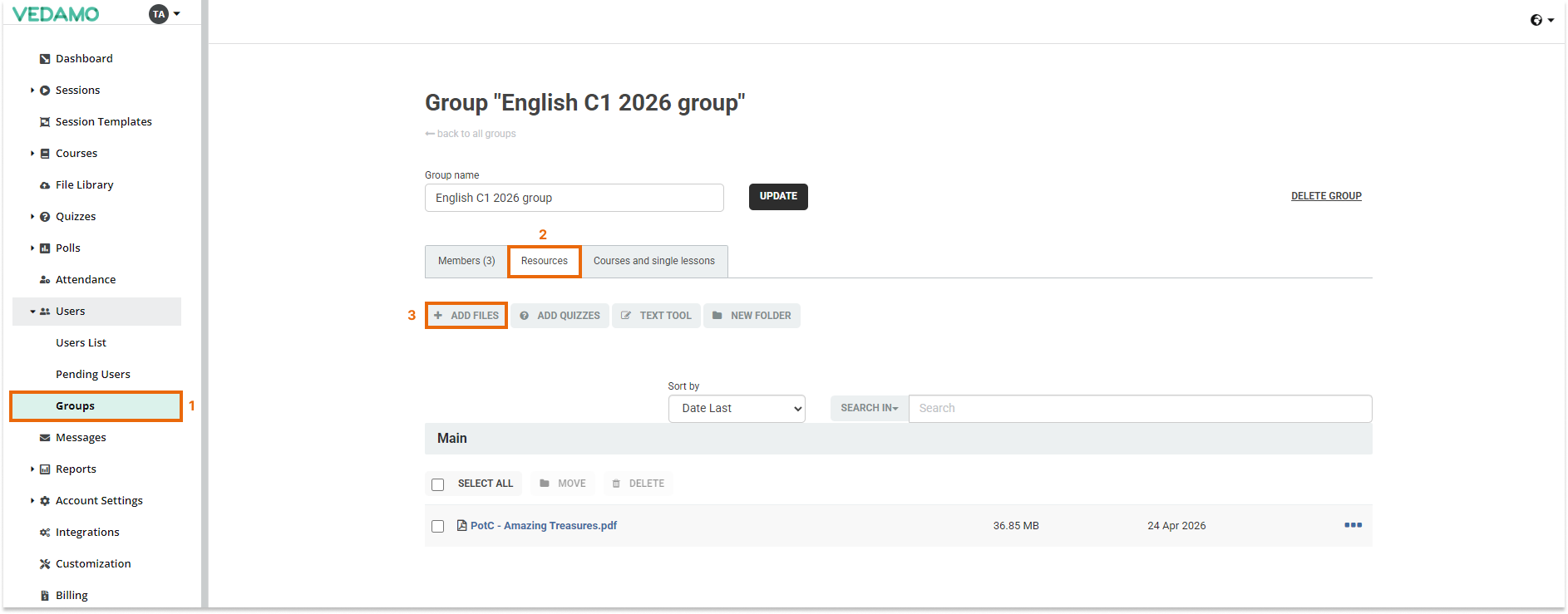 LMS File Share: Adding a file to a Group menu