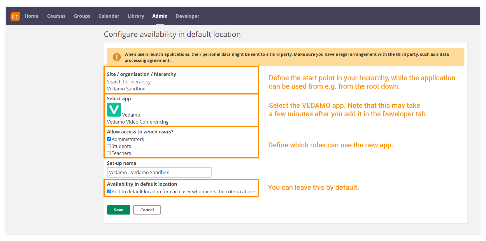 How to integrate VEDAMO Virtual Classroom with itslearning: Configure these settings as per your needs