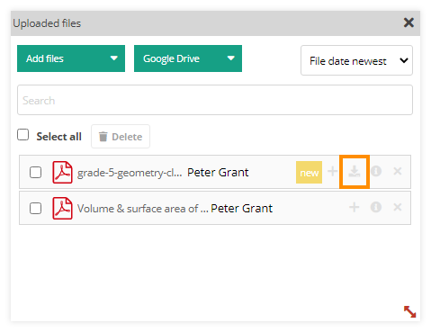 LMS File Share: Example of a file (bottom one) the has the missing download icon due to the file not being shared with the download permission with the teacher