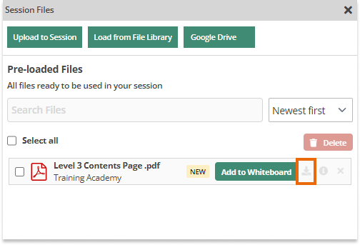 LMS File Share: Example of a file (bottom one) the has the missing download icon due to the file not being shared with the download permission with the teacher