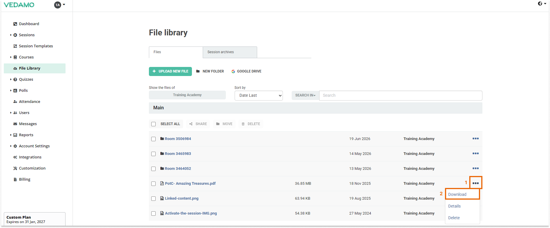 LMS File Share: In order to download a file select the three dots sign and proceed by selecting "Download"