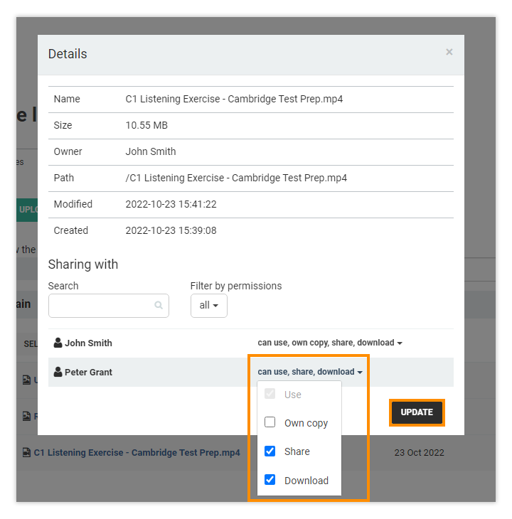 LMS File Share: From the "Details" section you can choose the file rights for the selected user(s)