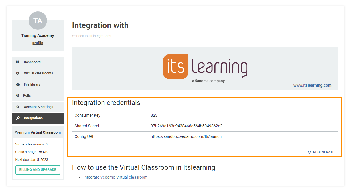 How to integrate VEDAMO Virtual Classroom with itslearning: This information is autogenerated and needs to be added to the itslearning platform