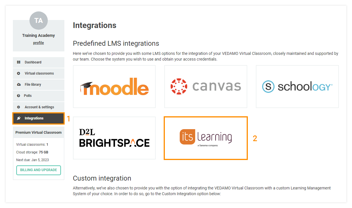 How to integrate VEDAMO Virtual Classroom with itslearning: Select "Integrations" and then "Iislearning" in order to begin the integration process