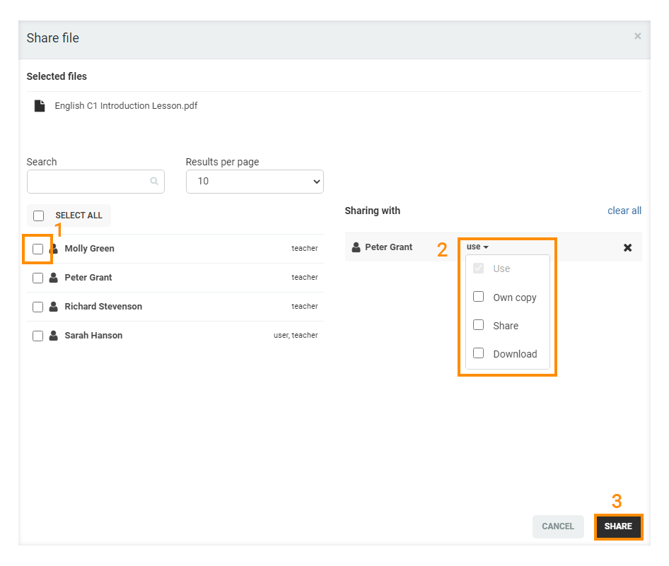 LMS File Share: Share options