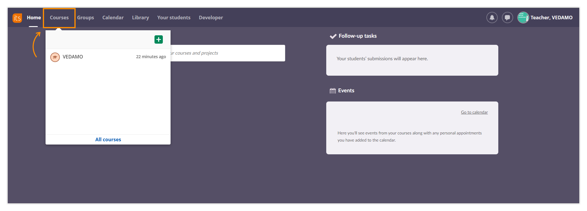How to use VEDAMO Virtual Classroom as a Teacher in itslearning: Select the "Courses" tab