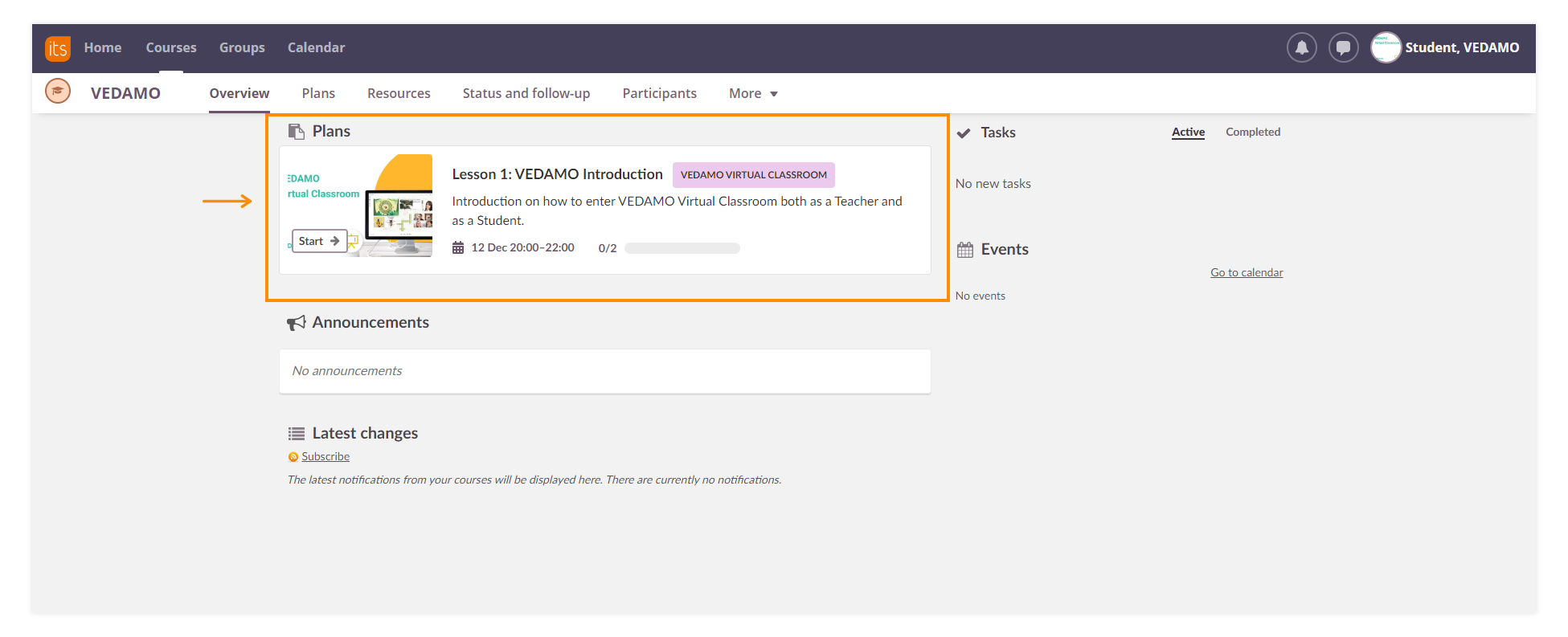 Using VEDAMO Virtual Classroom as a Student with itslearning: Select the correct lesson 