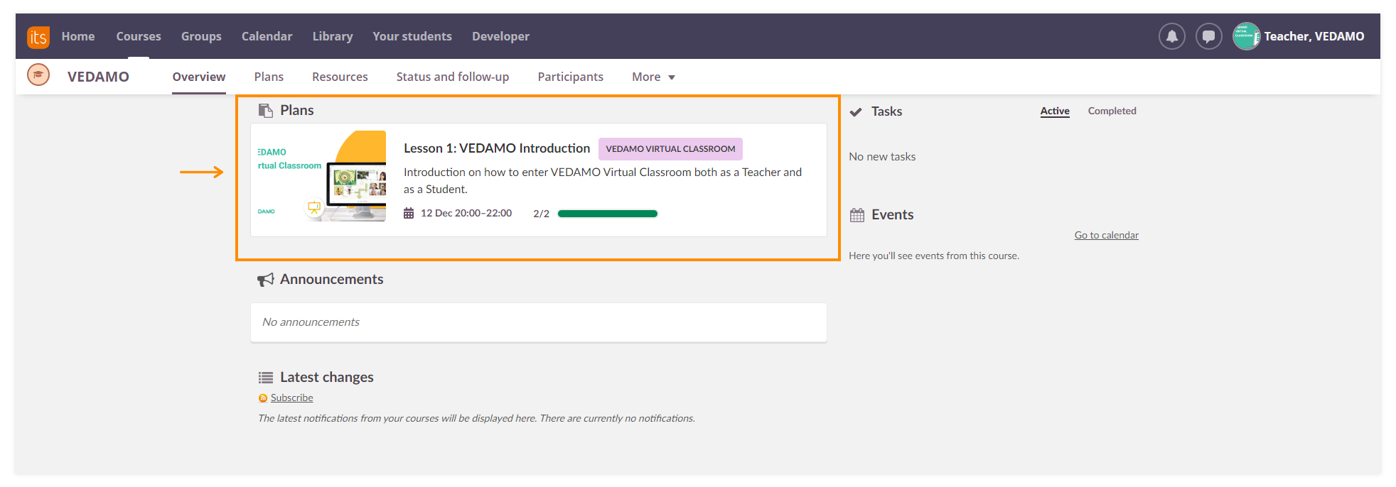 How to use VEDAMO Virtual Classroom as a Teacher in itslearning: Select the correct lesson 