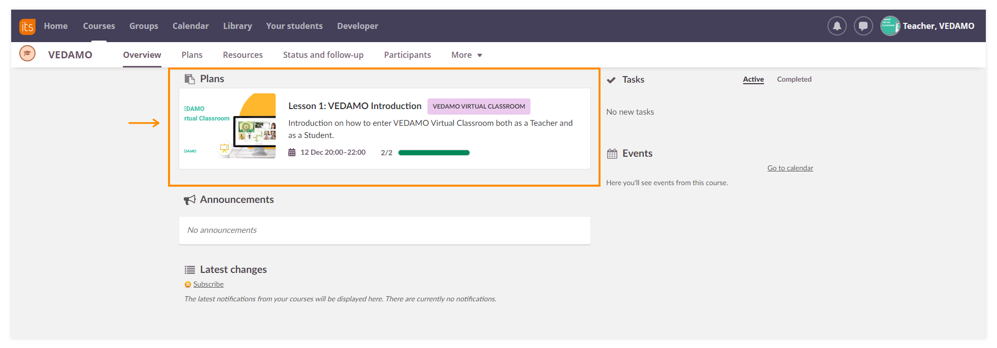 How to use VEDAMO Virtual Classroom as a Teacher in itslearning: Select the correct lesson