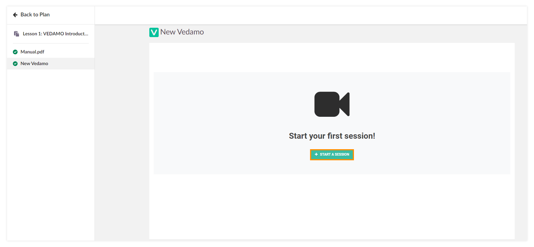 How to use VEDAMO Virtual Classroom as a Teacher in itslearning: Press the + Start a session button