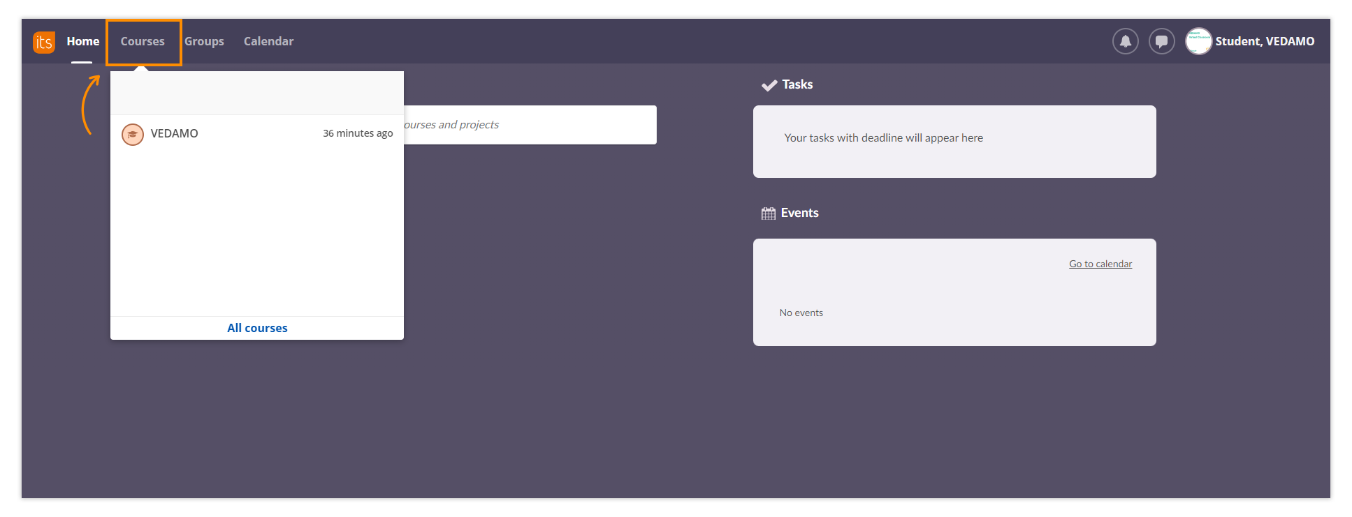 Using VEDAMO Virtual Classroom as a Student with itslearning: Select the courses tab