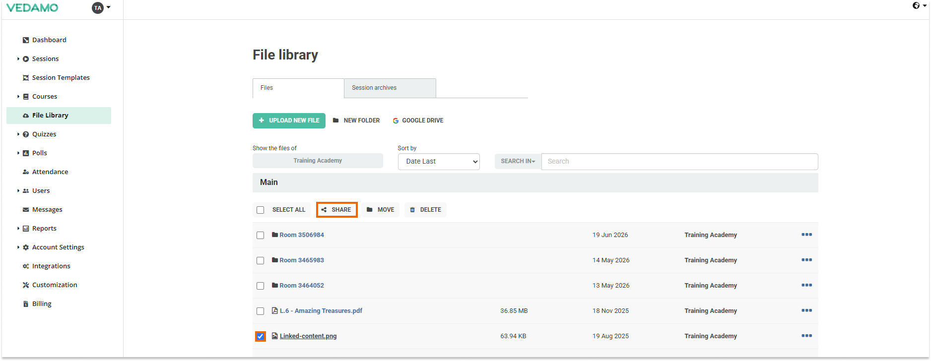 LMS File Share: Select the file you want to share and click the "Share" button
