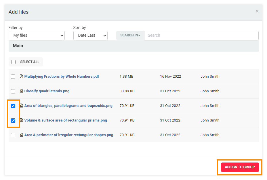 LMS File Share: Selecting a file and assigning it to the Group as a recourse