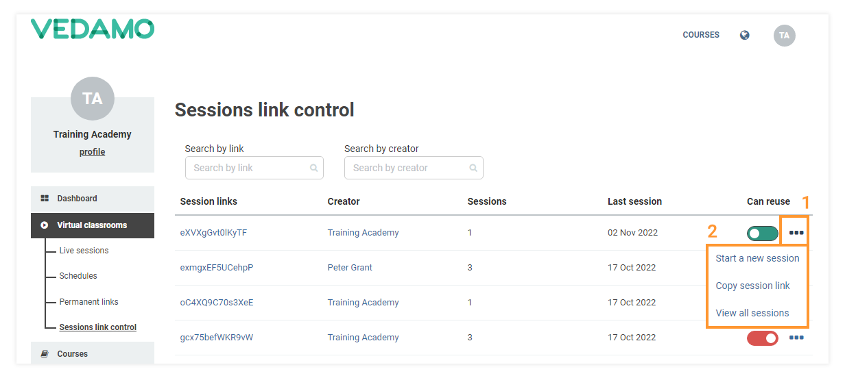 Sessions link control: Additional options can be found by pressing the three-dots button