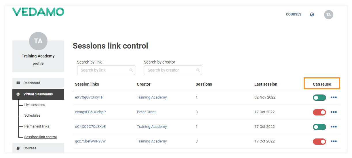 Sessions link control: Control of the links can be set via the slider button