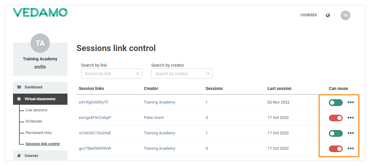 Sessions link control: Example of some blocked and usable links 