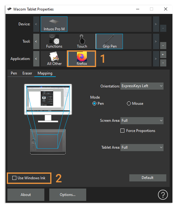 VEDAMO: How to fix brush and pointer tools issues for WACOM Graphic Tablet on Mozilla Firefox: Uncheck the “Use Windows Ink”