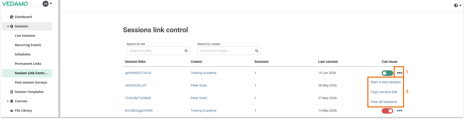 Sessions link control: Additional options can be found by pressing the three-dots button