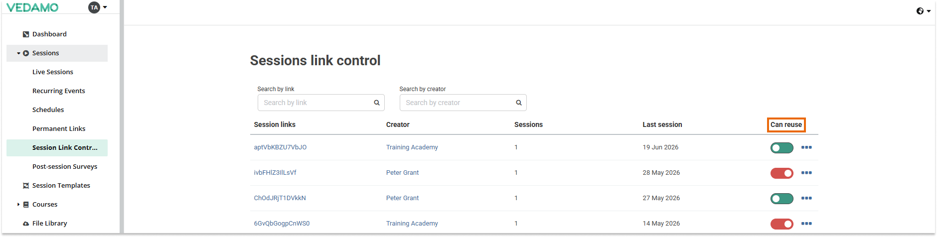Sessions link control: Control of the links can be set via the slider button