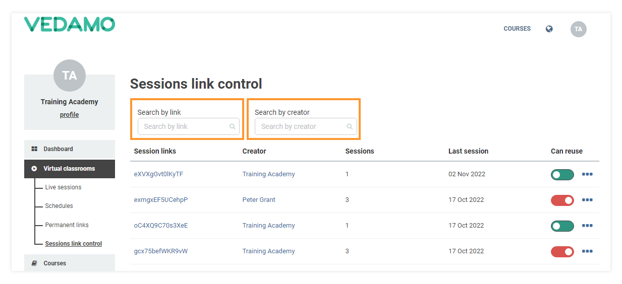 Sessions link control: Search options