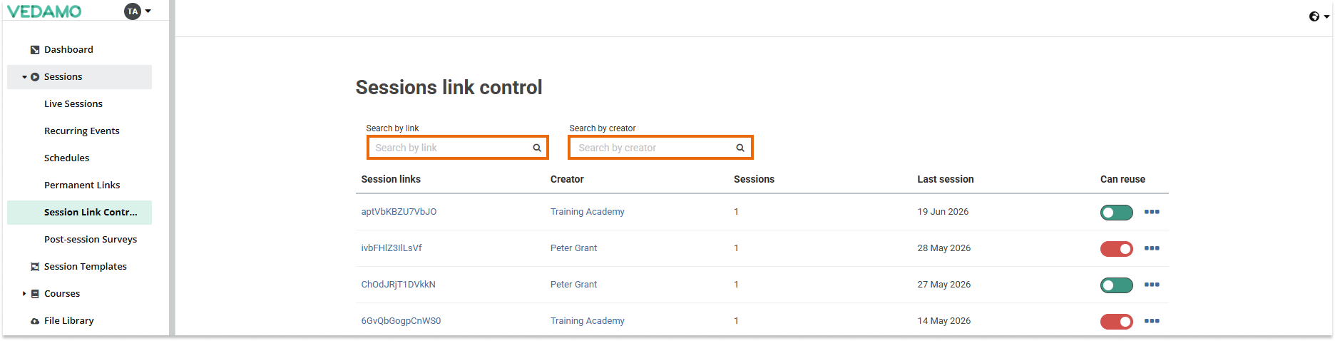Sessions link control: Search options
