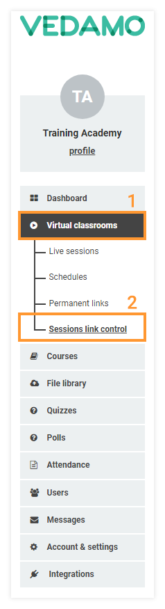 Sessions link control: Location of the sessions link control menu