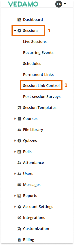Sessions link control: Location of the sessions link control menu
