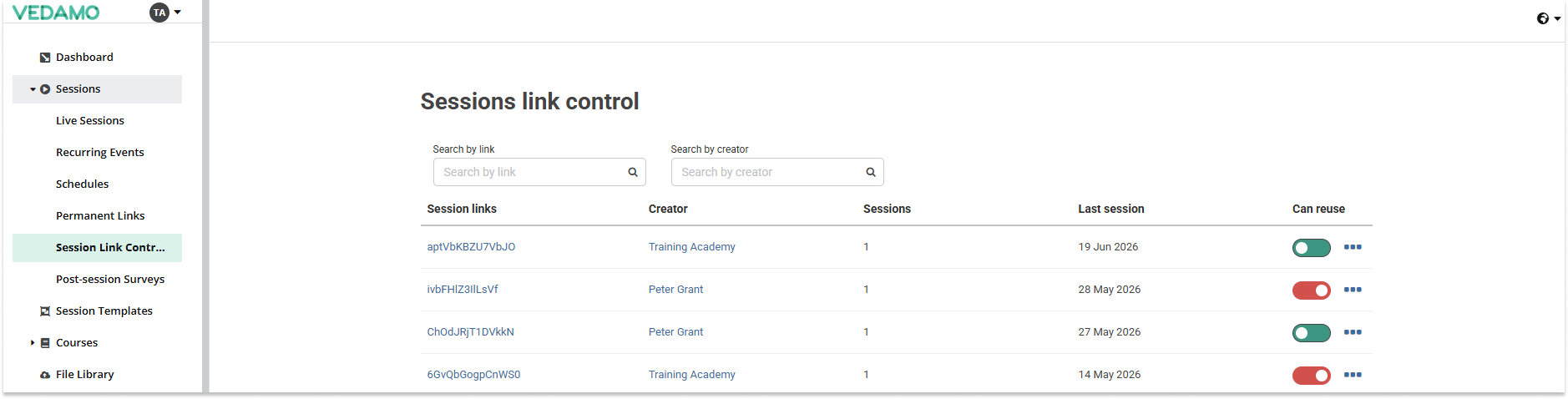 Sessions link control: Sessions list