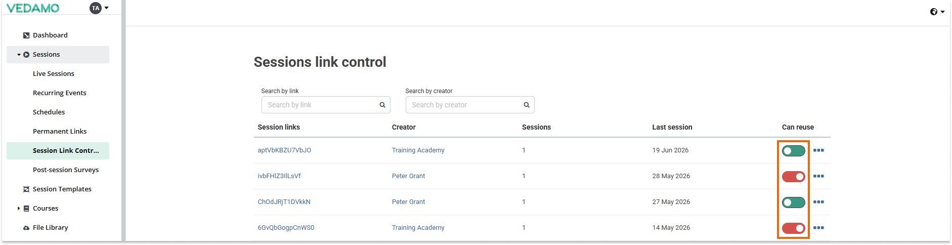 Sessions link control: Example of some blocked and usable links 