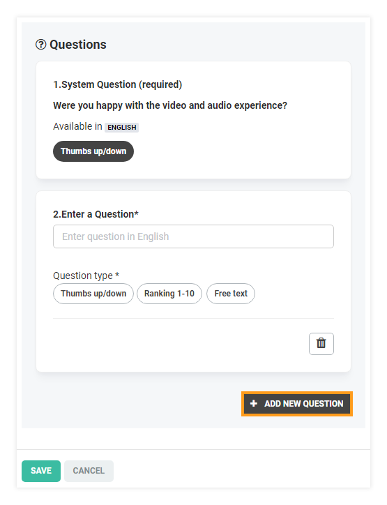 Post-session surveys: Click the "+ Add new question" button in order to add more questions