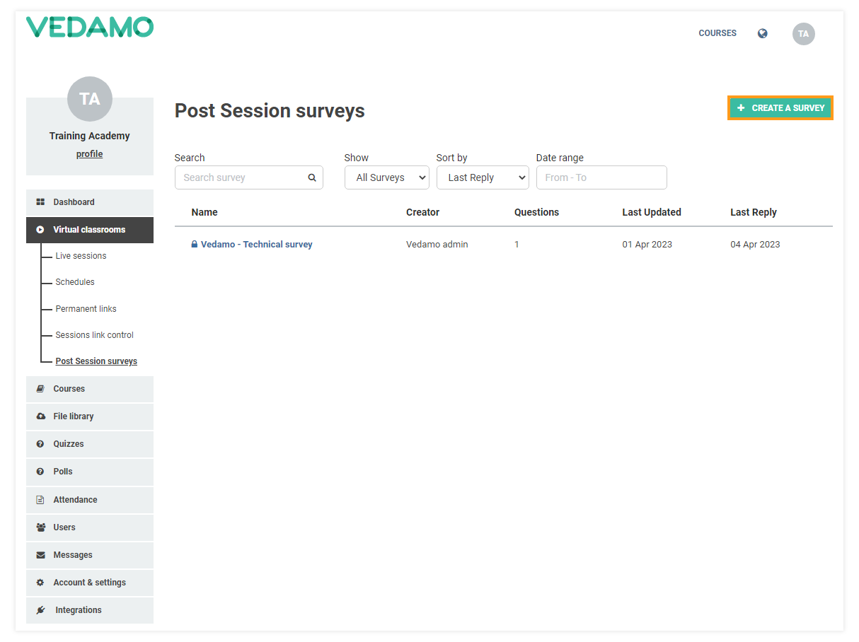 Post-session surveys: Press the "+ Create a survey" button in order to initiate the process of creating your custom survey