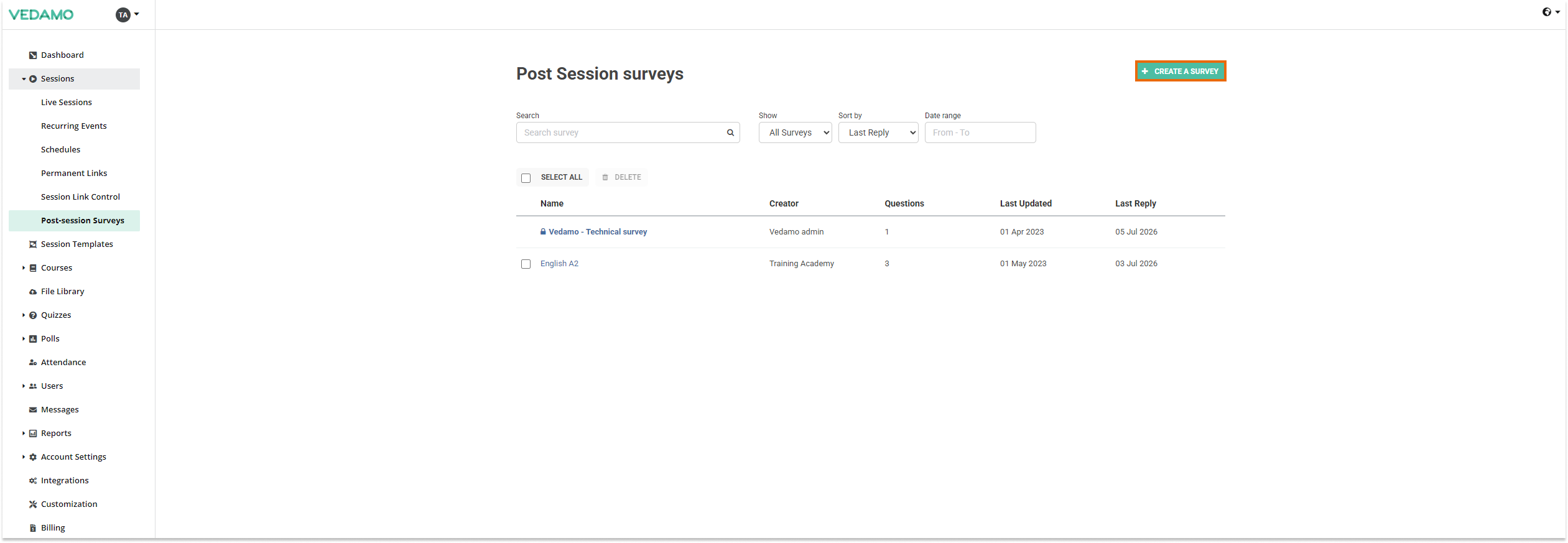 Post-session surveys: Press the "+ Create a survey" button in order to initiate the process of creating your custom survey