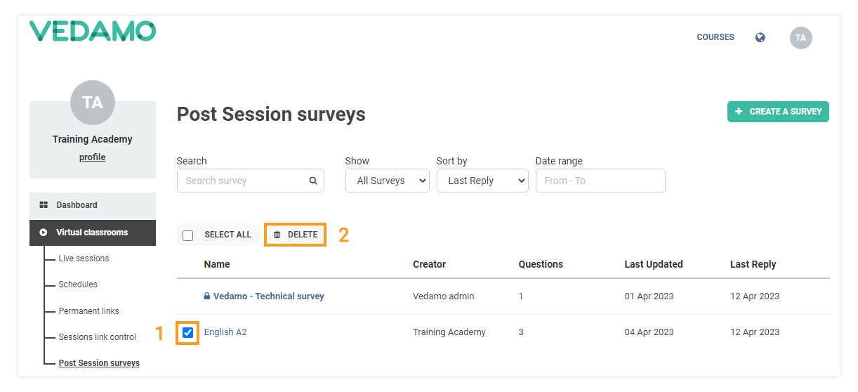 Post-session surveys: Delete a survey (1)