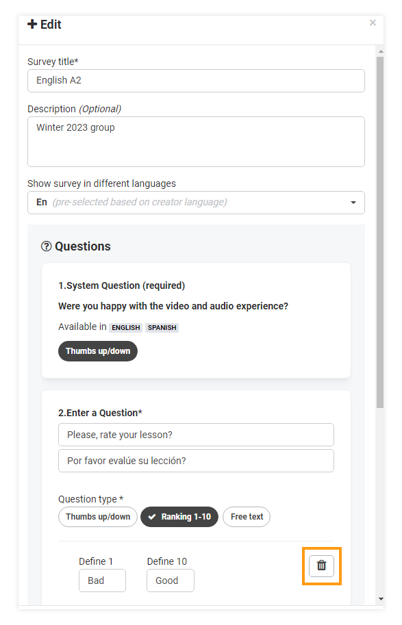 Post-session surveys: Location of the delete button