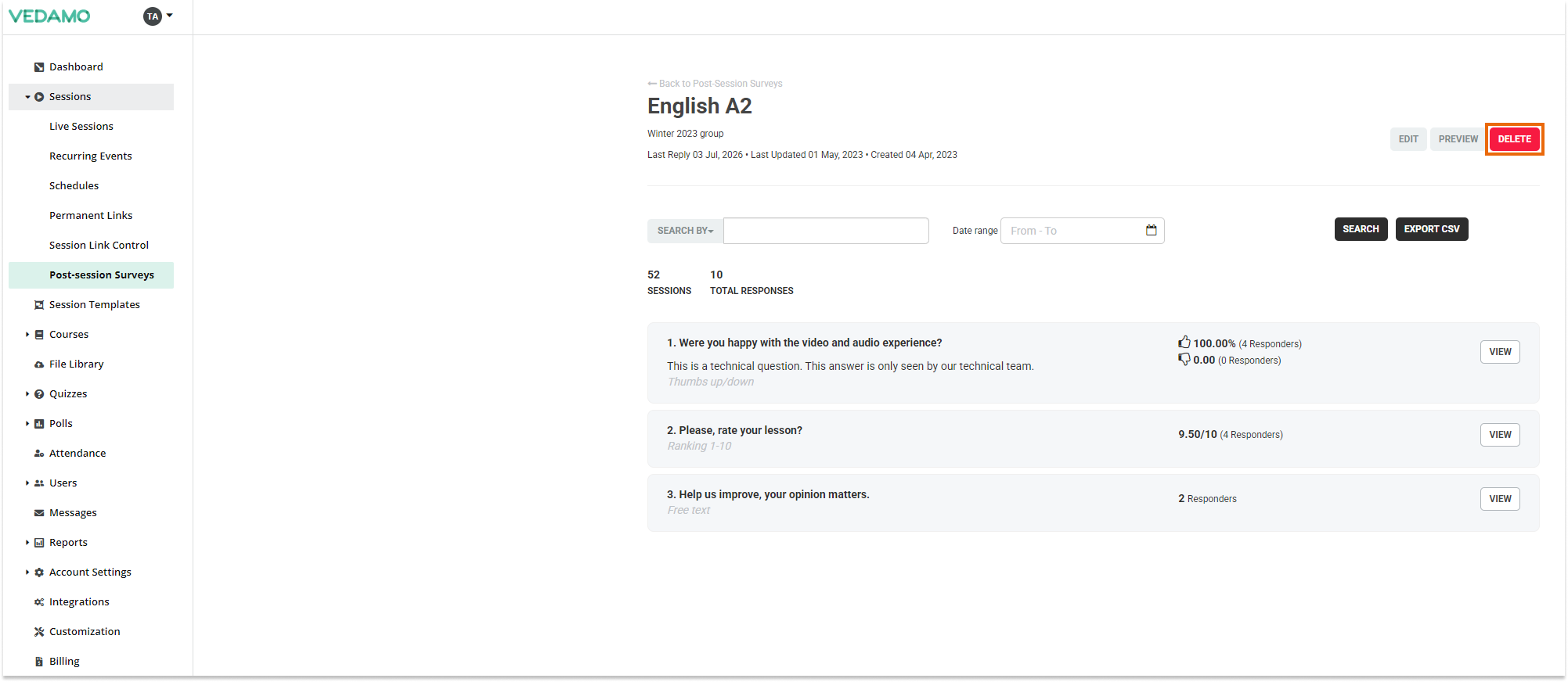 Post-session surveys: Delete a survey (2)