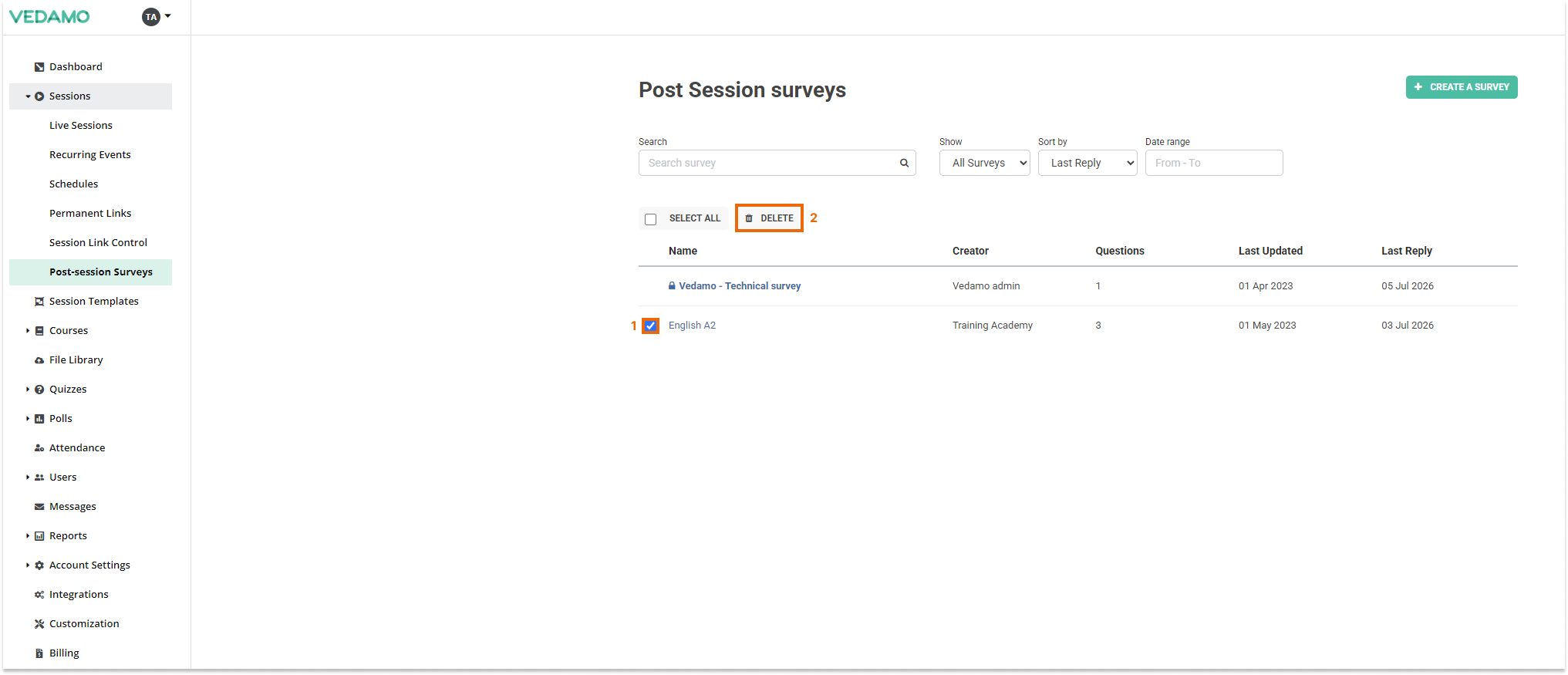 Post-session surveys: Delete a survey (1)