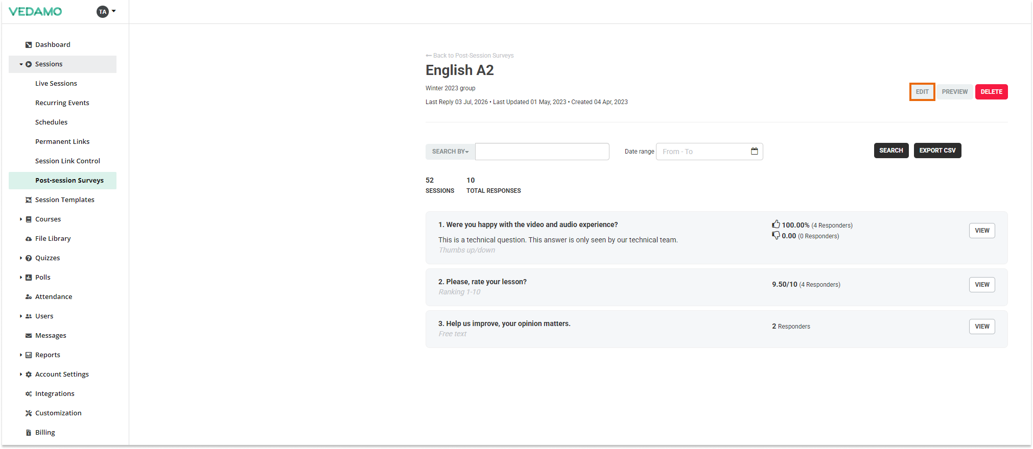 Post-session surveys: Press "Edit" if you want to make changes to your survey 