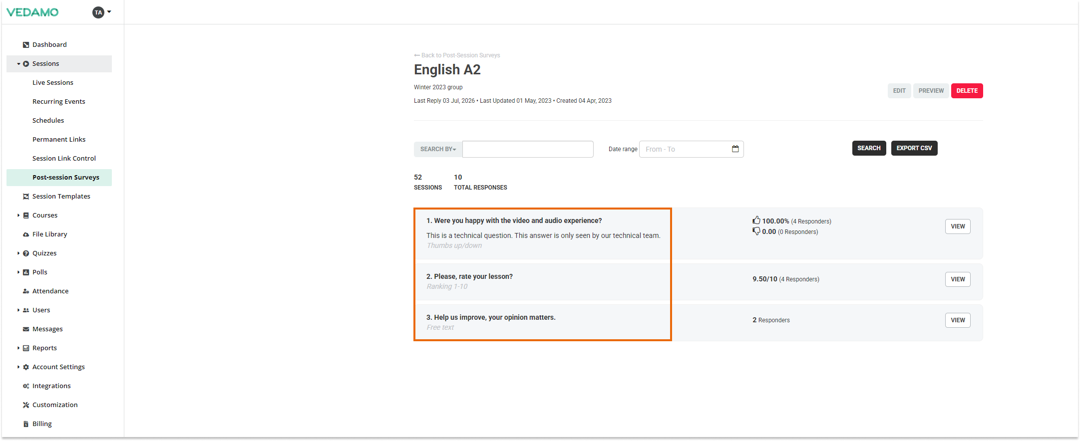 Post-session surveys: Example if English is chosen (as the platform's language)
