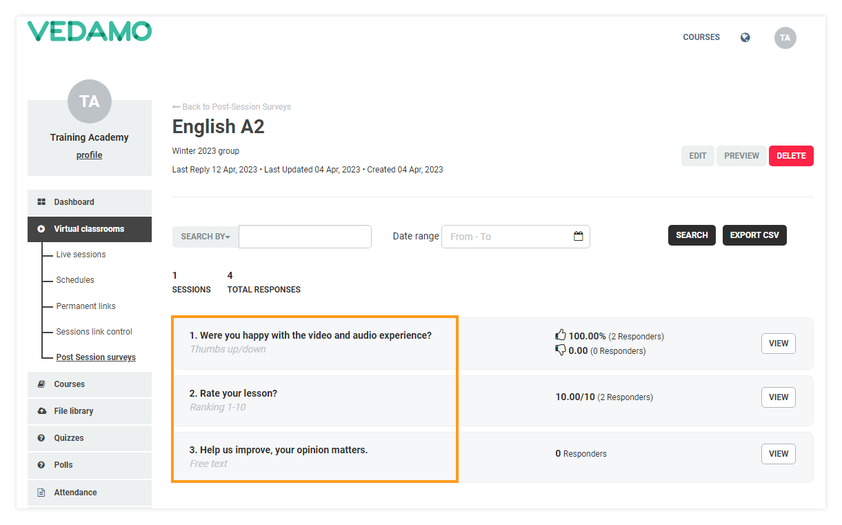 Post-session surveys: Example if English is chosen (as the platform's language)