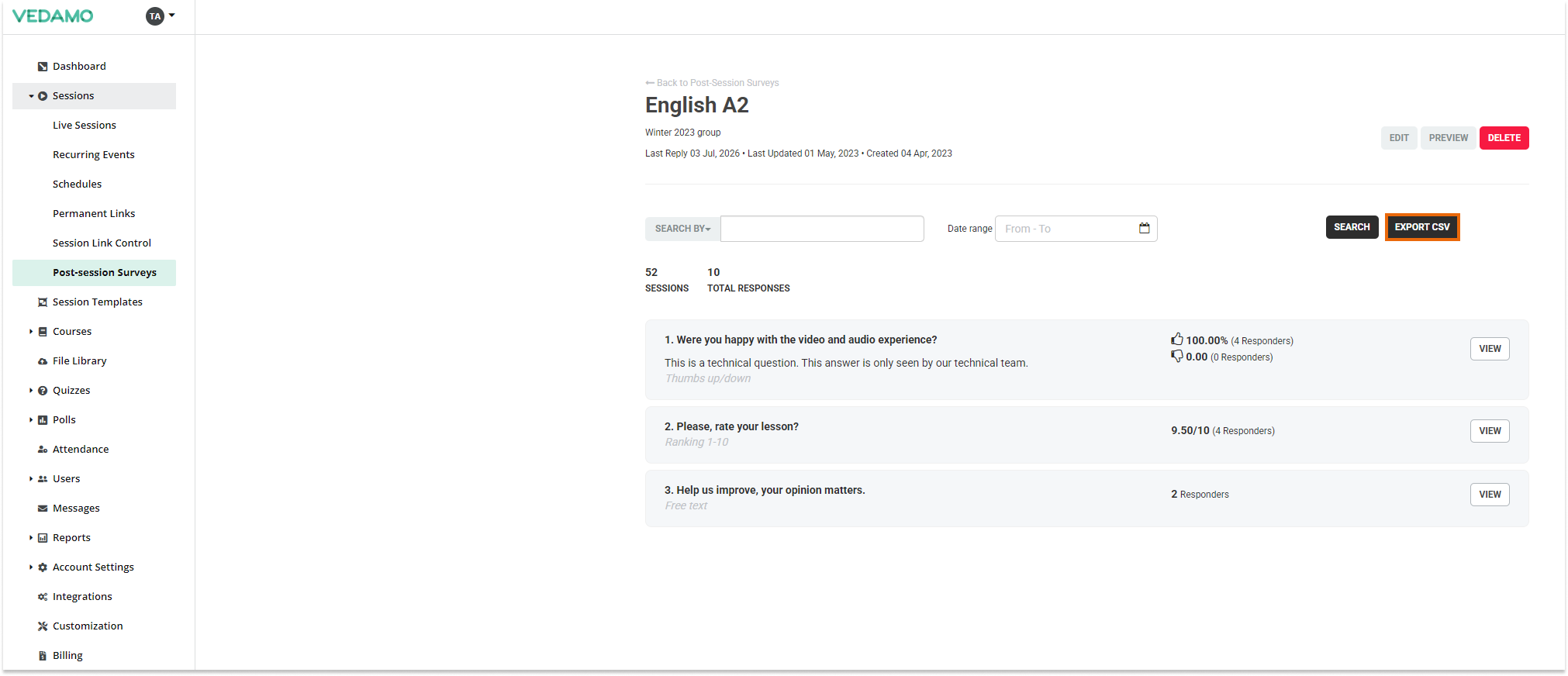 Post-session surveys: Location of the export to CSV option 