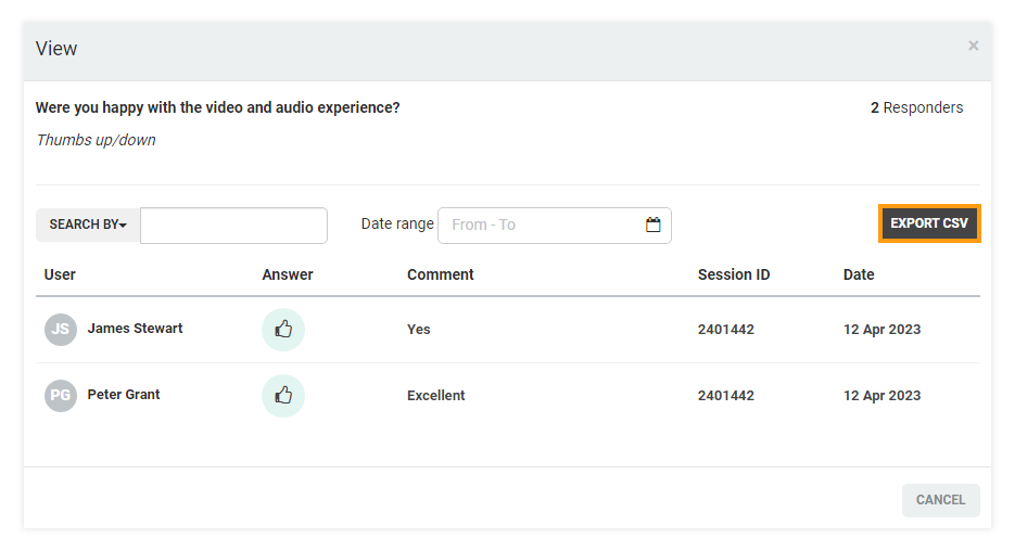 Post-session surveys: Export to CSV option (single question only)