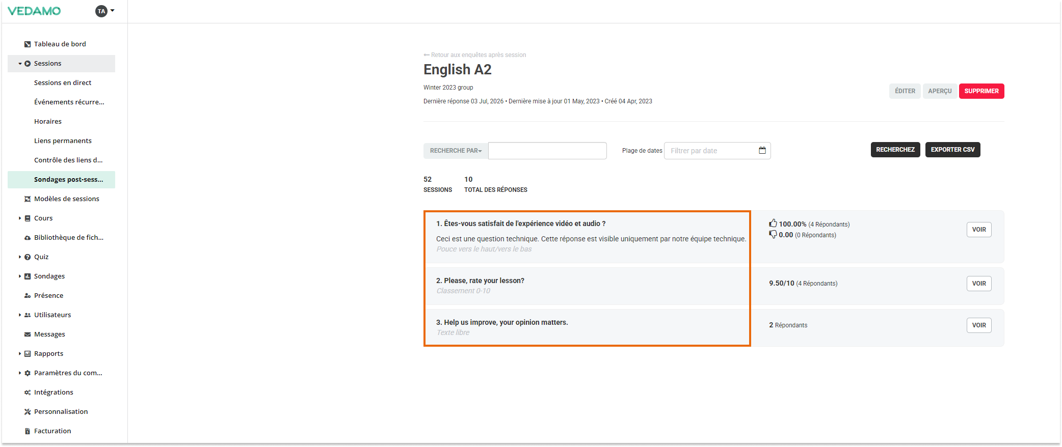 Post-session surveys: Example if French is chosen (as the platform's language)