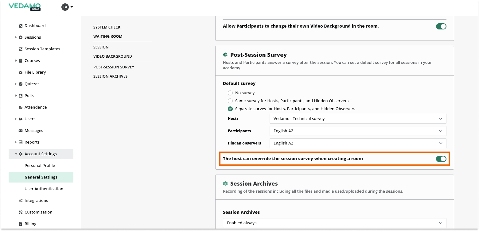 Post-session surveys: Different surveys based on the user role