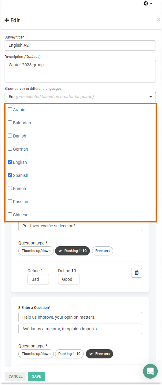 Post-session surveys: Language selection