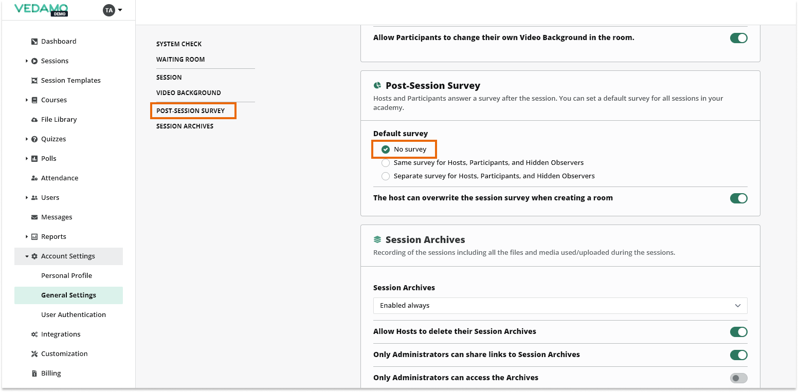 Post-session surveys: No survey option