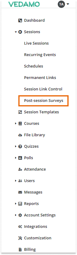 Post-session surveys: Location of the surveys section