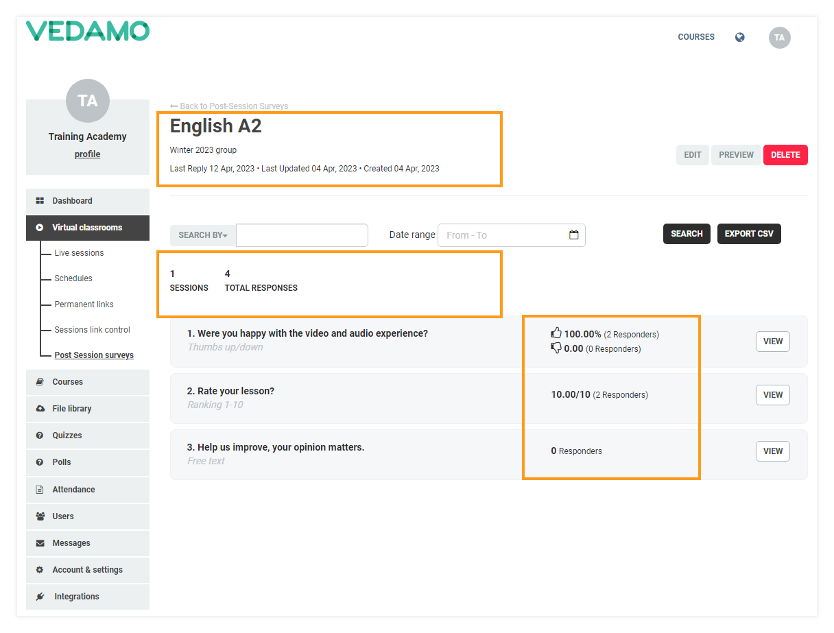 Post-session surveys: Survey details page