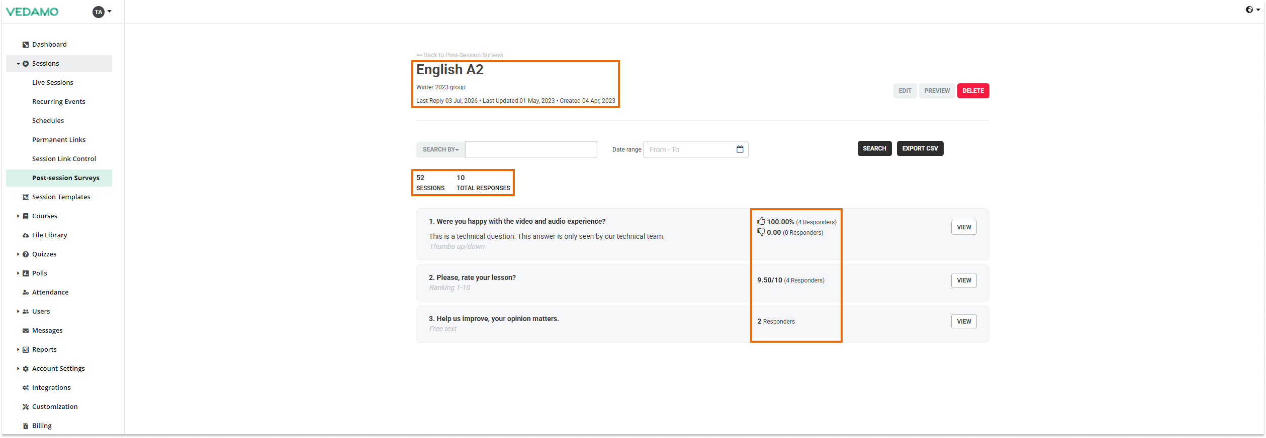 Post-session surveys: Survey details page