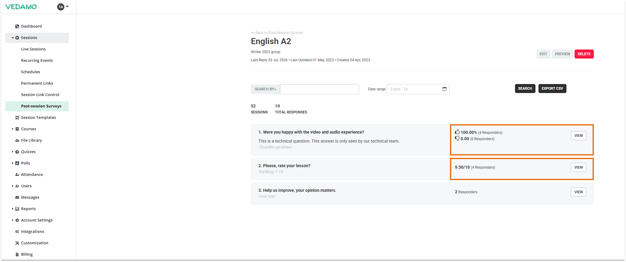 Post-session surveys: View the responses to a question