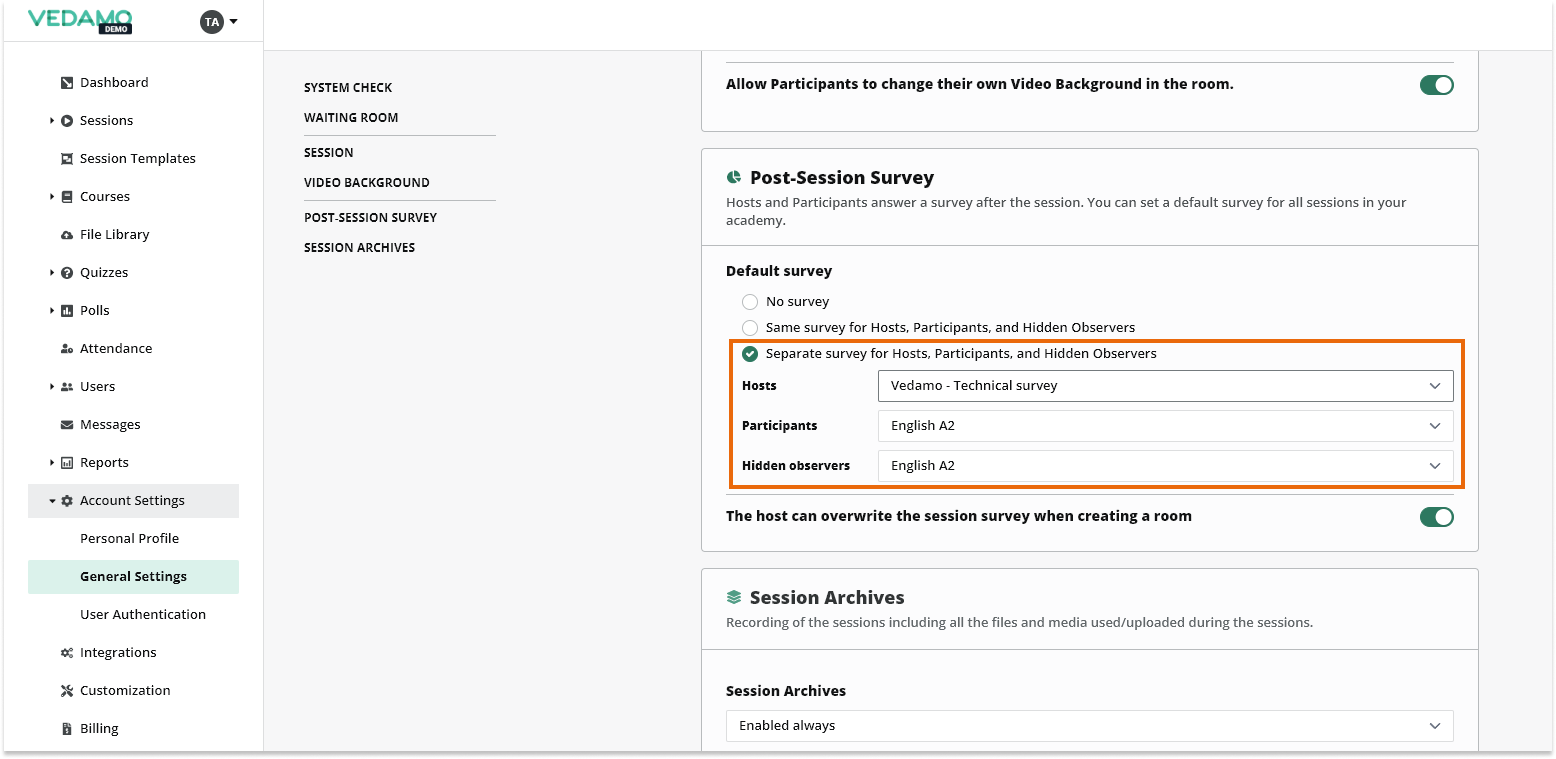 Post-session surveys: Different surveys based on the user role